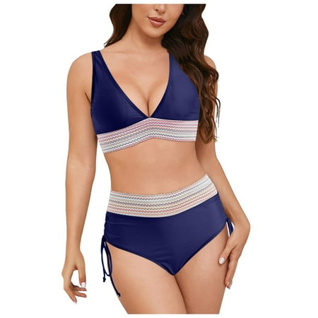 CAICJ98 Bikinis Sets for Women Two Piece Bathing Suits Sexy Textured Halter Padded Bikini Swimsuits Side Tie Thong Bottom Swimwear Navy 4XL