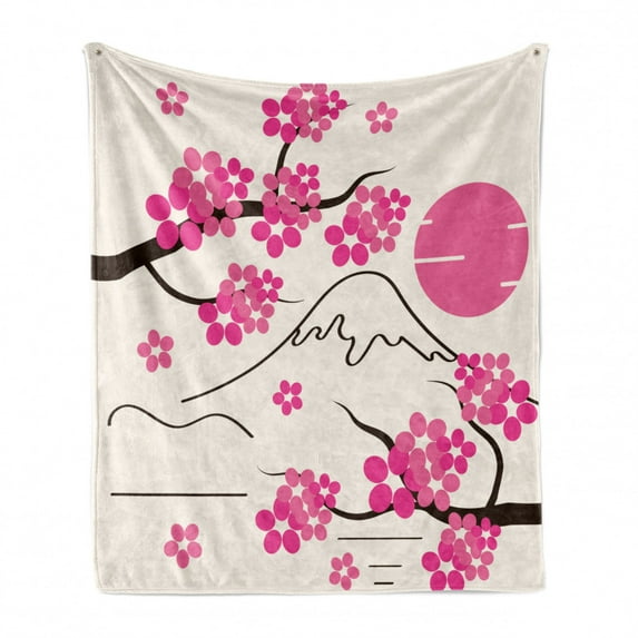 Pink Floral Soft Flannel Fleece Throw Blanket, Japanese Abstract Arty of Cherry Blossom and Mount Hill with Sun, Cozy Plush for Indoor and Outdoor Use, 70" x 90", Off White Pink, by Ambesonne
