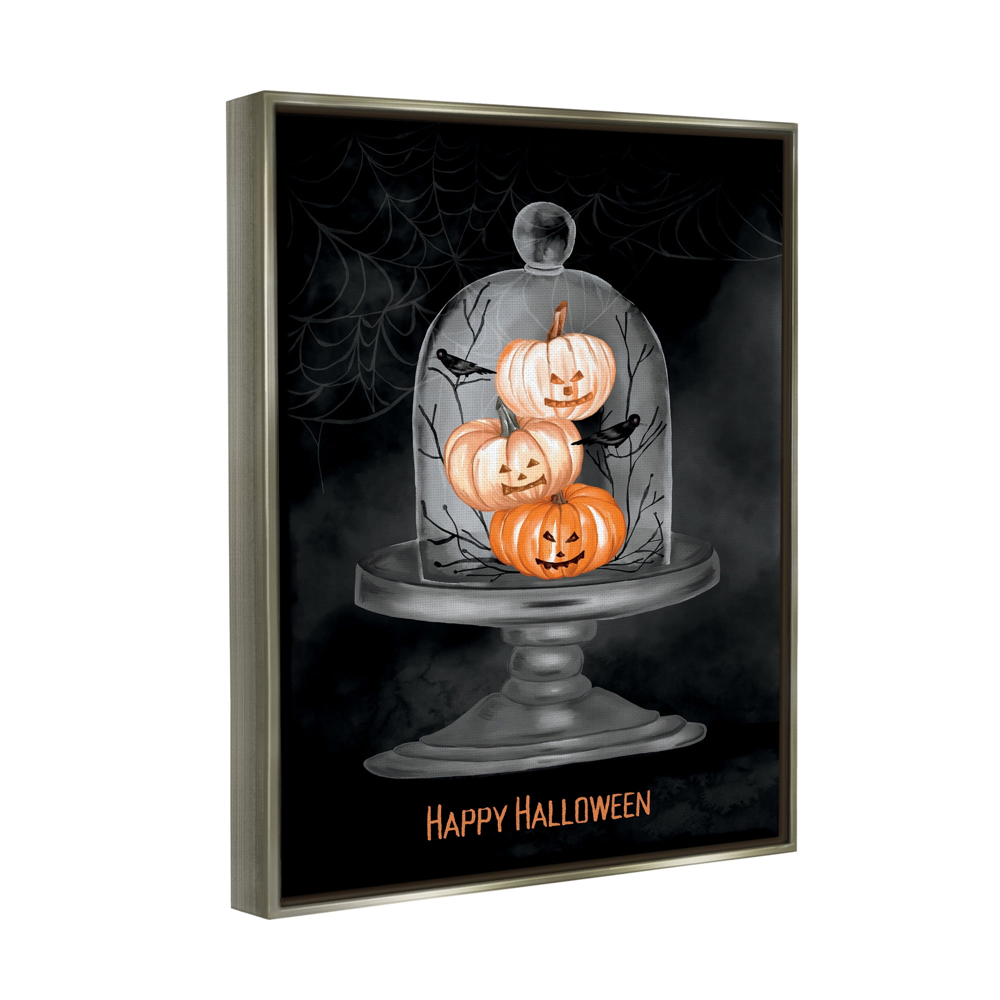 Stupell Industries Halloween Pumpkins & Crows Holiday Painting Gray Floater Framed Art Print Wall Art, 25 x 31