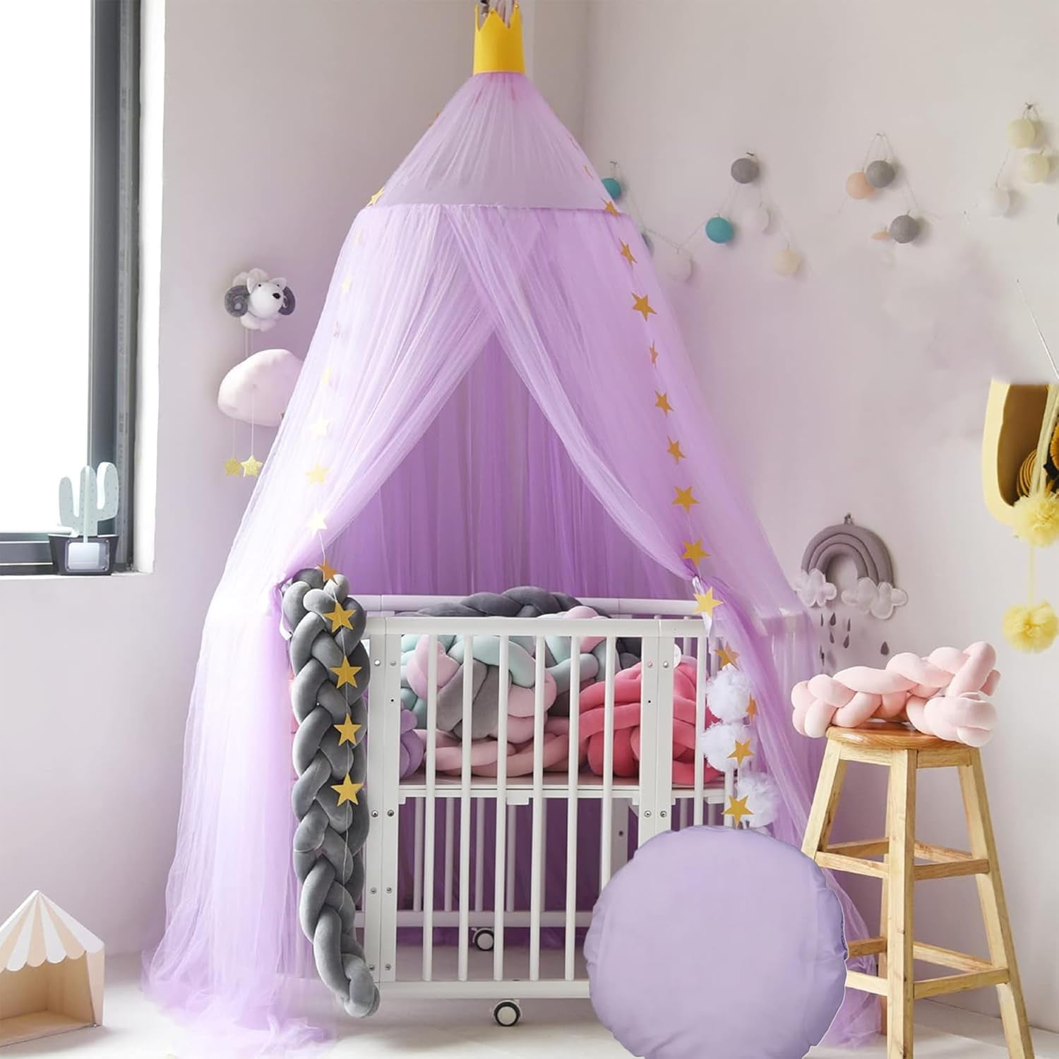 Kids Bed Canopy with Stars:Breathable Canopy Bed Curtains,Hanging Net Crown Bed Tent,Princess Room Decor for Kid's Room,Nursery,Reading Nook (Blue)