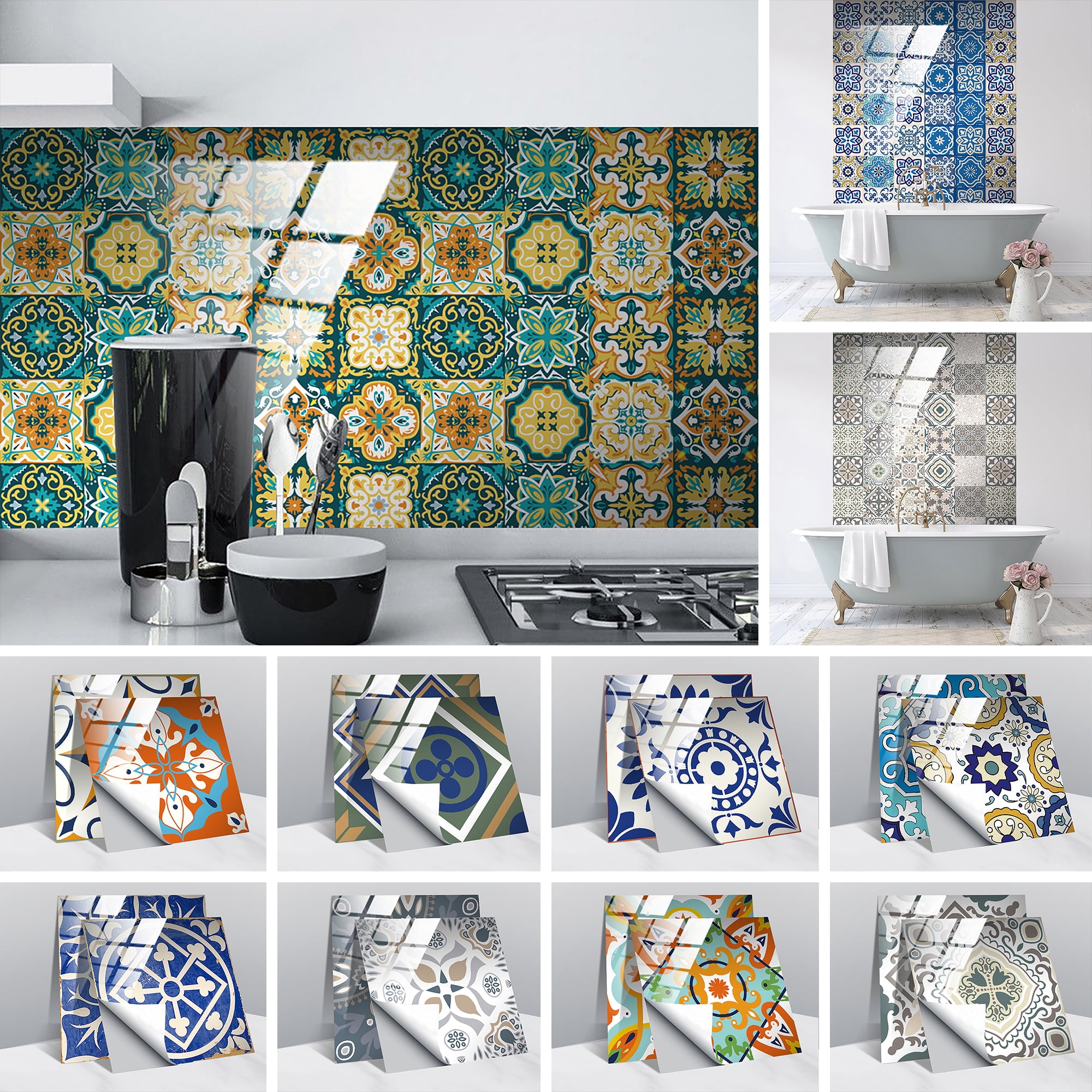 AMAZING WALL Talavera Spanish Bohemian Tiles Style Stairs Self Adhesive Decoration Wall Sticker Set 12pcs 