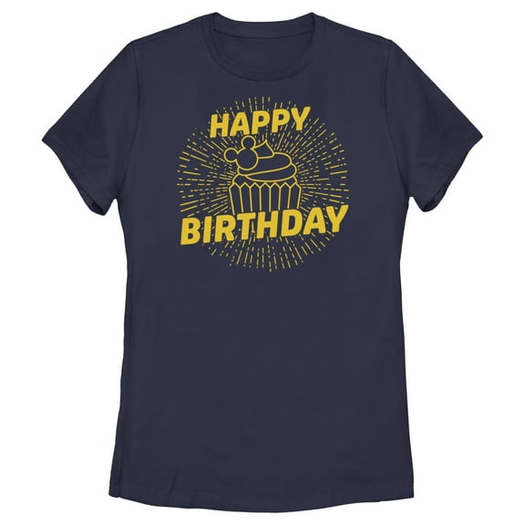 Women's Mickey & Friends Happy Birthday Cupcake  Graphic Tee Navy Blue 2X Large