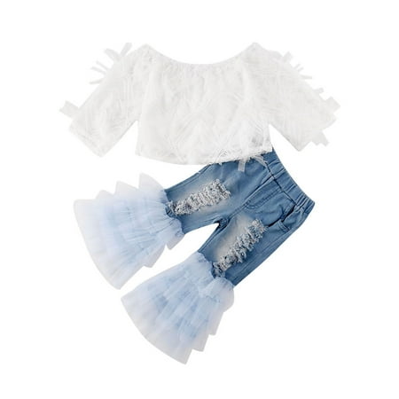 

Binpure Girls 2Pcs Outfits Kid Mesh See-through Sleeve Top Ruffle Long Pants