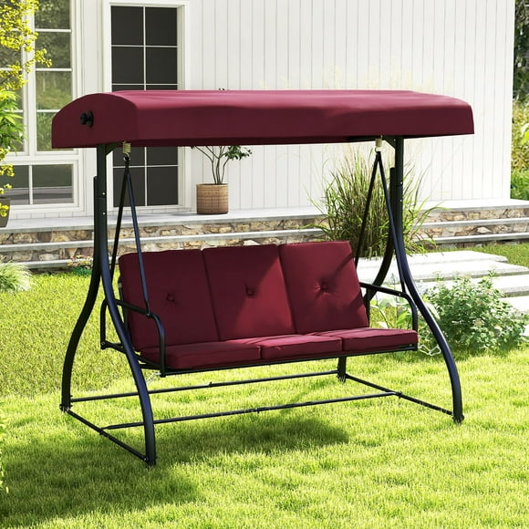 Gymax Converting Patio Swing Chair Porch Swing Bed w/Adjustable Canopy & Thickened Cushion Wine