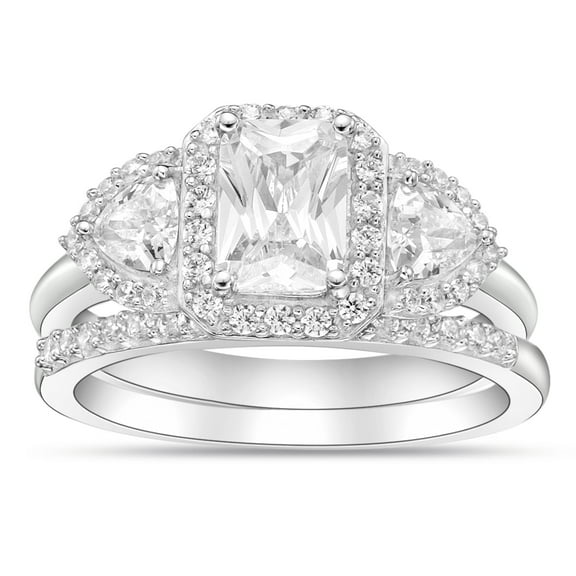 Sterling Silver Emerald Cut Simulated Diamond Bridal Set Rings