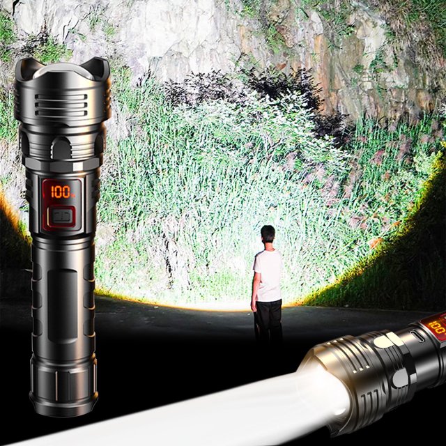 Linterna VALSEEL ABS con zoom, pantalla digital, luz potente para emergencias al aire libre, linterna portátil recargable