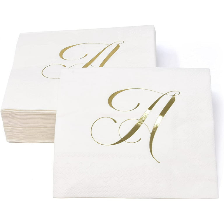 100 Gold Monogram Cocktail Napkins Letter A Disposable Paper Pack Elegant Metallic Golden Foil Hand Napkin for Powder Room Wedding Holiday Birthday