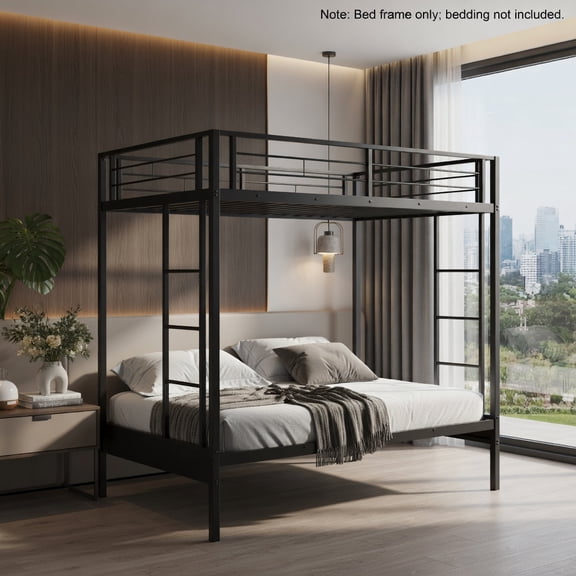 Demi Bonn Twin Over Futon Bunk Bed with 2 Ladders and Safety Guardrails, Metal Bunkbeds for Bedroom, No Box Spring Needed, Black
