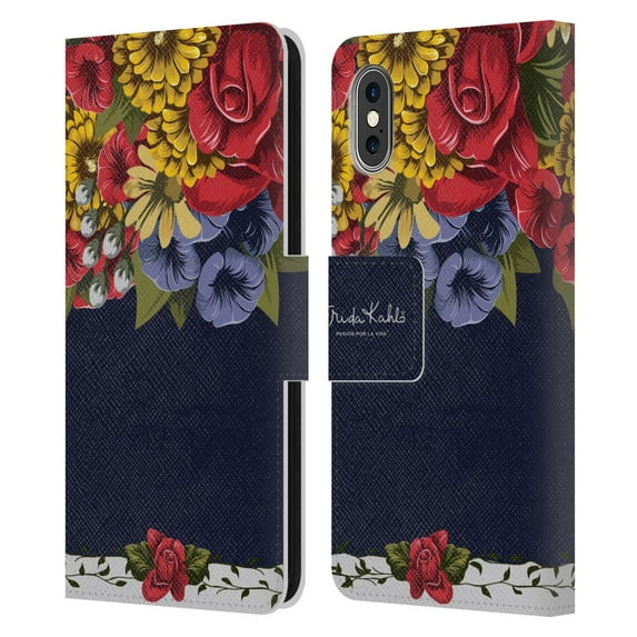 Head Case Designs Officially Licensed Frida Kahlo Red Florals Blooms Leather Book Wallet Case Cover Compatible with Apple iPhone X / iPhone XS