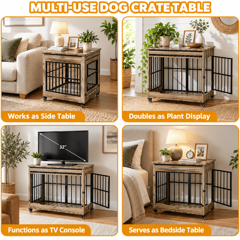 42" Large Dog Crate Furniture, Wooden Indoor Dog Kennel with Double Doors, Removable Privacy Curtain & Lockable Wheels, Decorative Pet Cage End Table for Large Breed Dogs