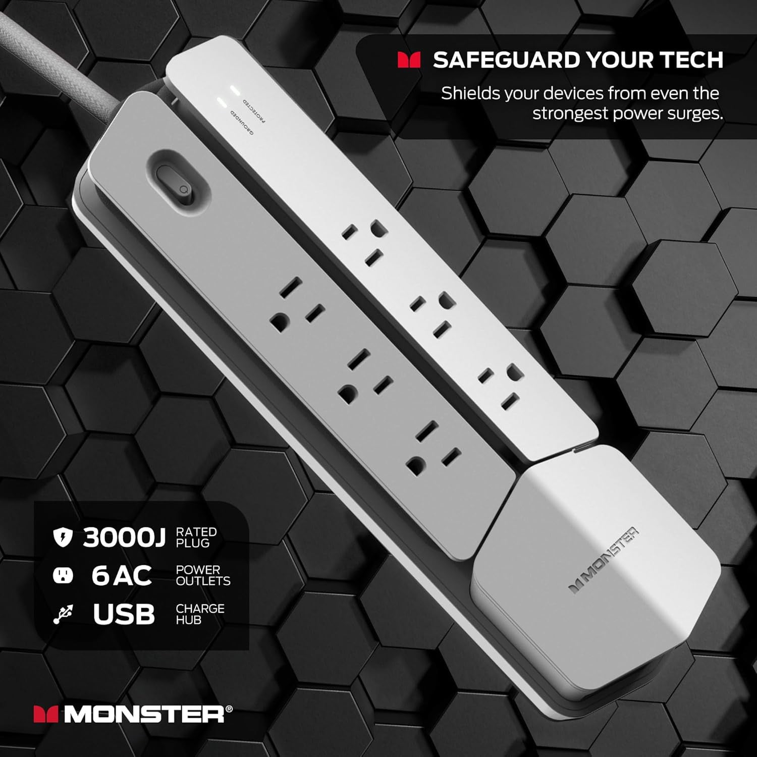 Monster Power Center Vertex Surge Protector, 6 AC Outlets, 2 USB-A & 1 USB-C Port, Detachable USB Power Strip