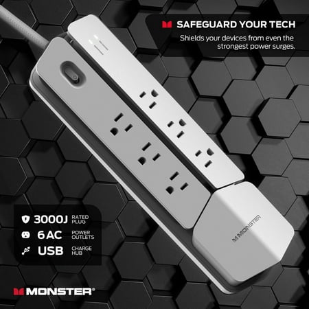 Monster - Power Center Vertex boasts  6 Outlet/2 USB-A port/20W USB-C 3000 Joules Surge Protector - White