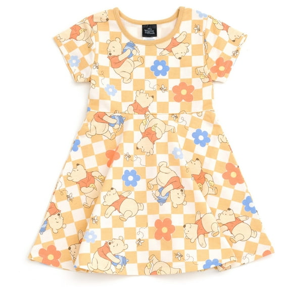 Disney Winnie the Pooh Baby Girls' Short Sleeve French Terry Skater Dress Tan Checkerboard Winnie the Pooh