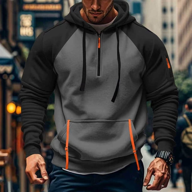 pstuiky Camisas de invierno de manga larga para hombre, Sudadera deportiva informal de manga larga con capucha y cordón ajustable con media cremallera y bolsillo en color liso para hombre l