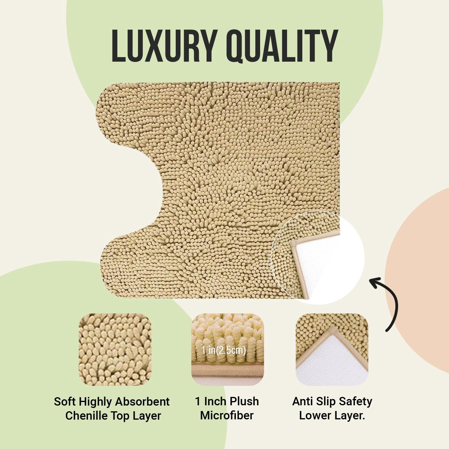 ITSOFT Luxury Bathroom Mats, Non-Slip Chenille Bathmat, Ultra Absorbent, U-Shaped, Beige