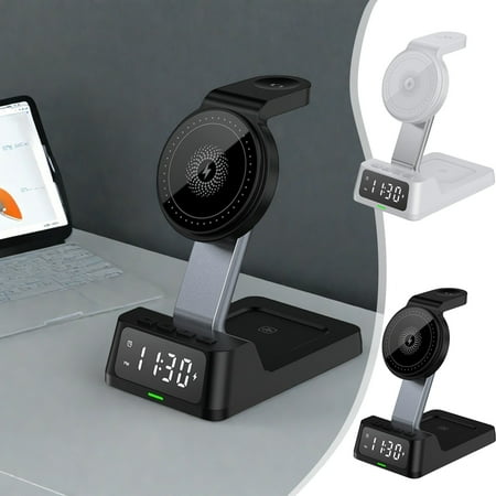 4 in 1 Wireless Charger with Alarm Clock,Wireless Charging Station for Multiple Devices,15w Fast Wireless Phone Charger Dock,Wireless Digital Alarm Clock,Desk Charging Station for Phone,Watch