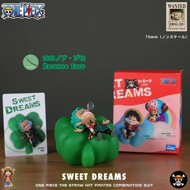 figura de acción de one piece sweet dream night light series, caja sin abrir, modelo periférico de anime luffy zorro: figura PVC de Roronoa Zoro recostado sobre una almohada verde con burbuja de sueño, vista frontal centrada; caja roja sellada y tarjeta "SWEET DREAMS" al fondo, detalle pintado, 75 mm, adecuada como lámpara de mesa decorativa, recomendada 14+ años.