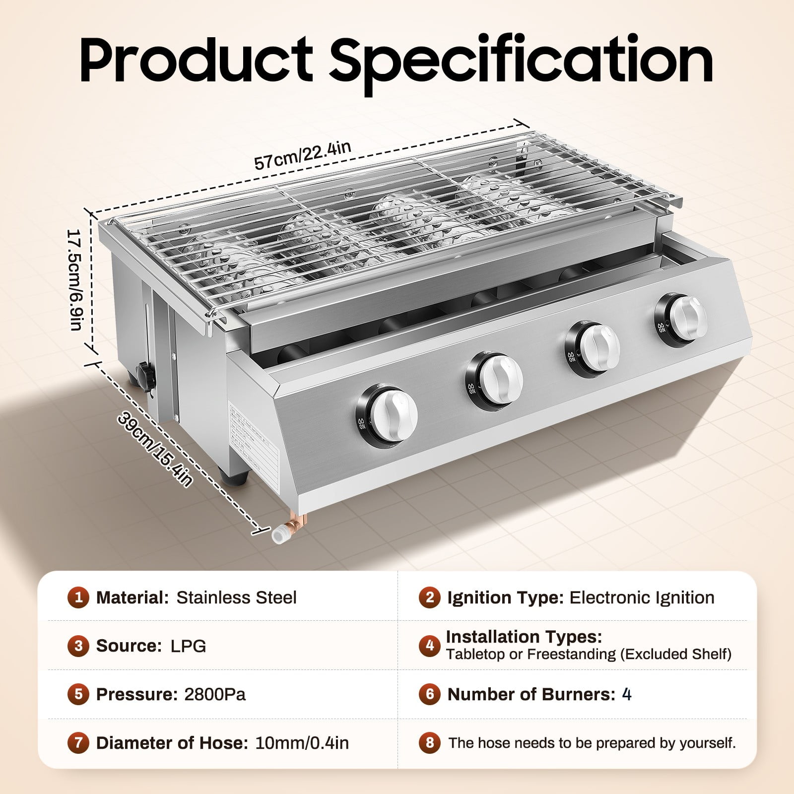 22.4*15.4*6.9 Freestanding Silver Stainless Steel Commercial Gas BBQ Grill With Steel Grilling Mesh 4 Burners