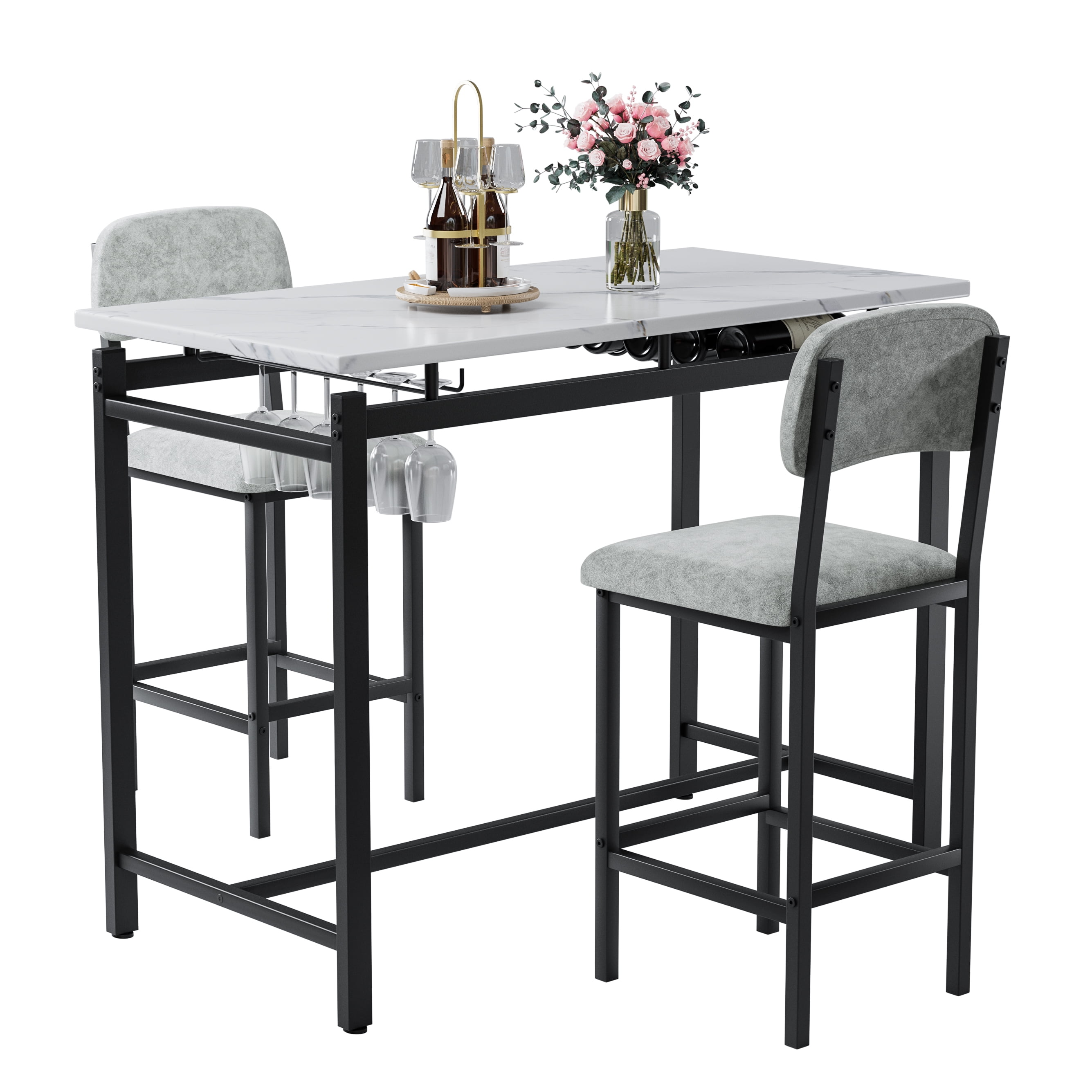 Aukfa Bar Dining Table Set&nbsp;for 2, Kitchen Table Set w/ Wine Rack &Upholstered Chairs for Small Spaces, Gray