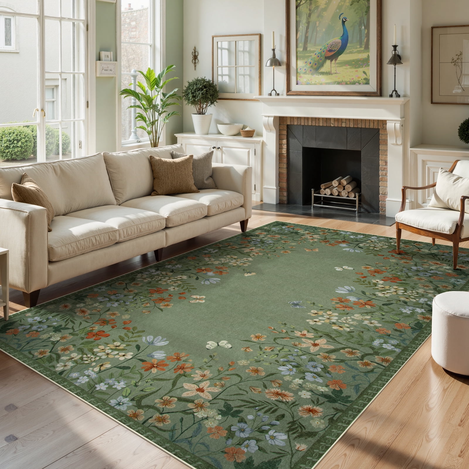 Wonnitar 6'x9' Floral Area Rugs for Living Room, Washable Rugs for Bedroom Vintage Cottagecore Accent Carpet for Dining Room Sunroom Home Office, Soft Non Slip Green