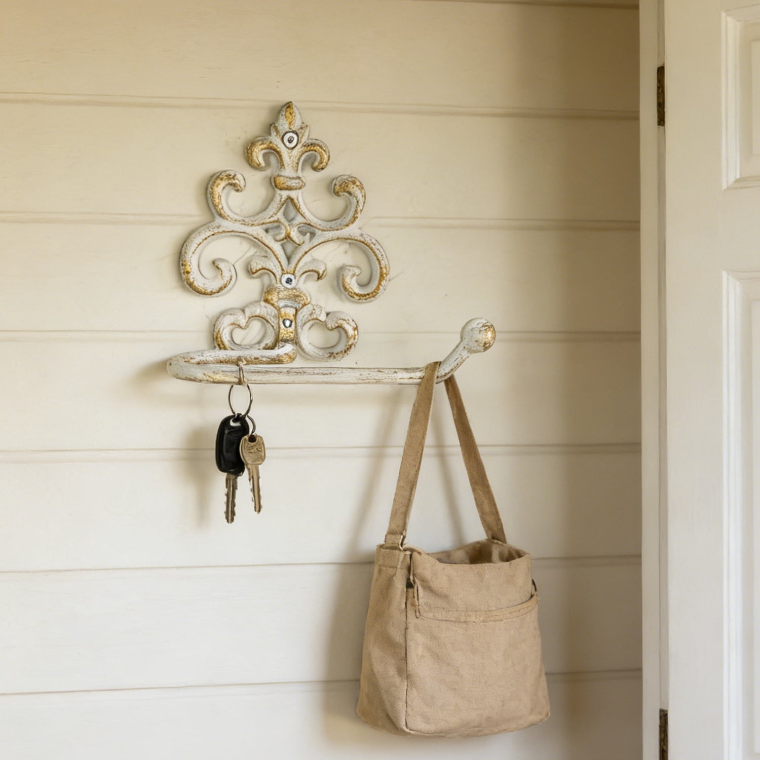 Sungmor Vintage Cast Iron Toilet Paper Holder - Wall Mounted Rustic Bathroom Tissue Holder with White & Gold Finish, Decorative Accent for Farmhouse, Victorian Décor, Heavy Duty Metal Scroll Design