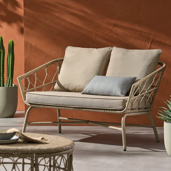 Montserrat Wicker Outdoor Loveseat with Cushions, Light Brown and Beige