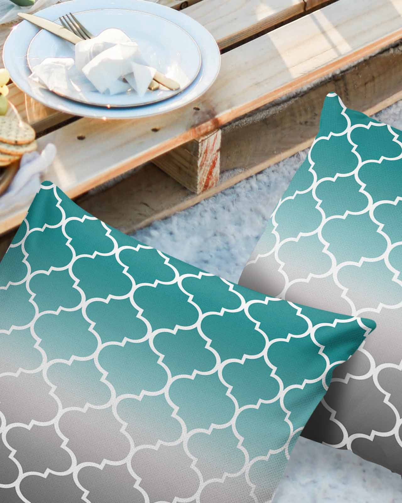Pack of 2 Outdoor Pillow Covers, Cyan Turquoise Gray Gradient Morocco Pattern Waterproof Square Throw Pillowcase Cushion Decorative Pillow Covers for Couch Patio Tent, 16x16 in