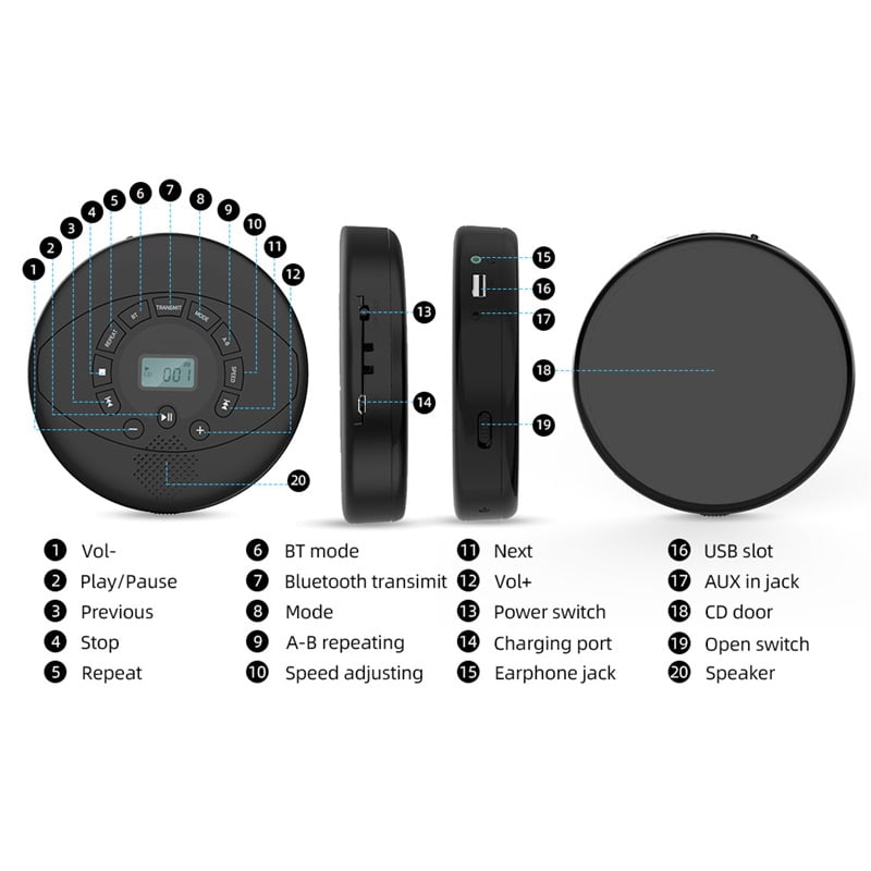 CD Player Portable,discman Rechargeable,Walkman CD Player with Speaker, Headphones,CD-R,MP3 USB playable,Anti Skip CD Playing for car,Suitable for Personal or Multi-Users,Black