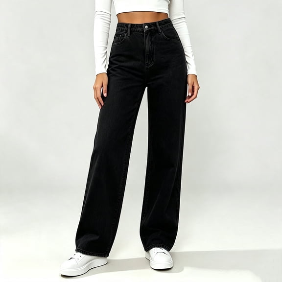 Karymi Pants for Women, Solid Wide Leg Jeans, Button Zipper Fly High Waist Full Length Denim Pants with Classic Front Pockets, Casual Straight Leg Trousers Jeans for Women