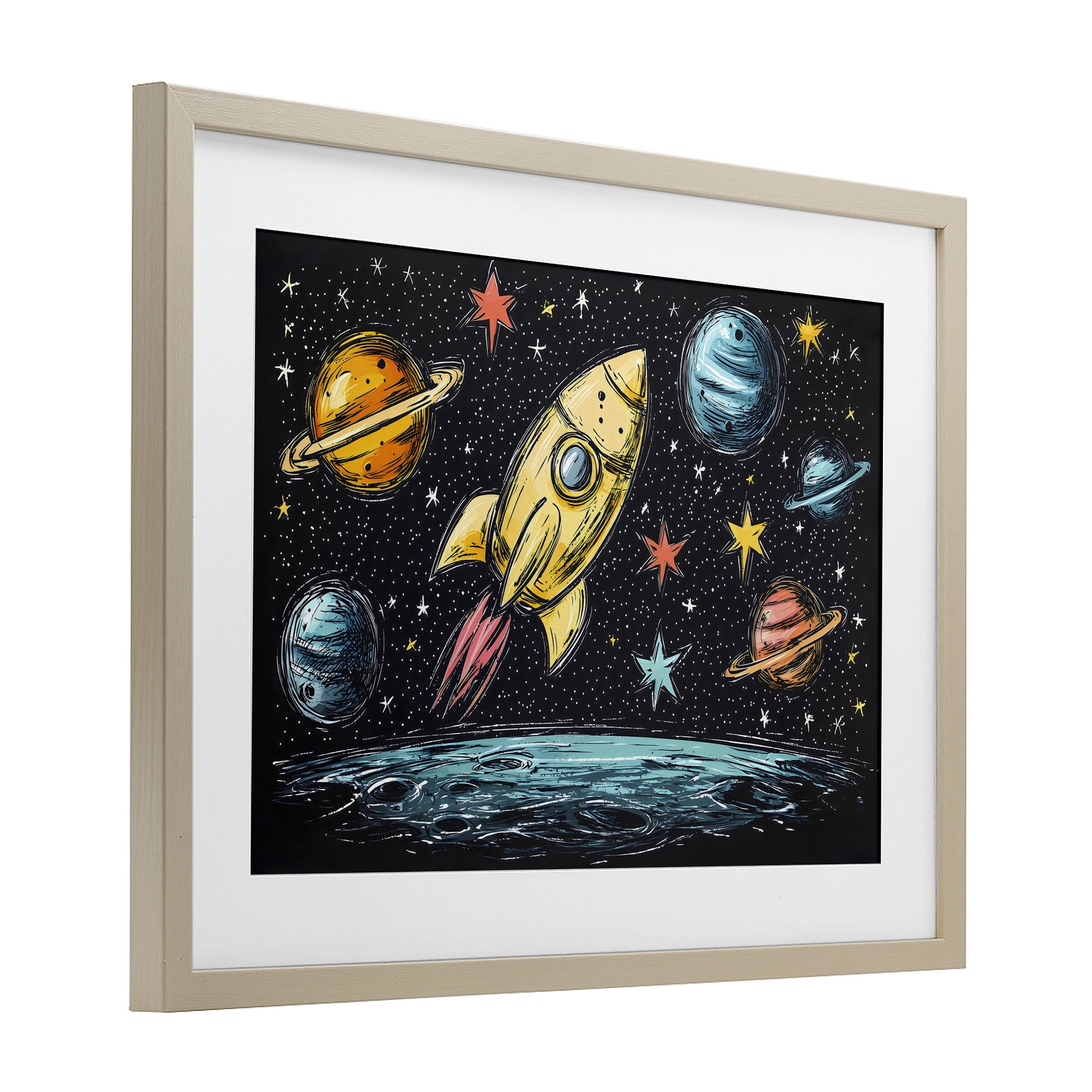 Stupell Industries Whimsical Rocket & Planets Birch Framed Print Under Glass, design by Creative Studio