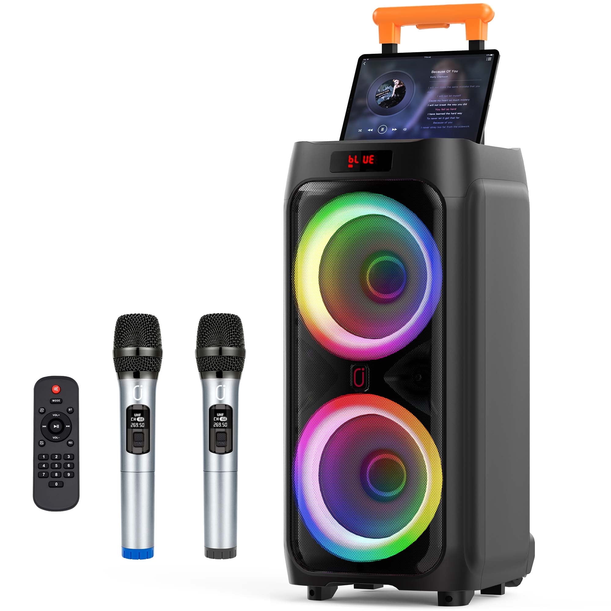 FanFun Large Party Speaker, Bluetooth Speaker with Wheels for Outdoor, Deep Bass System with Led Party Lights, Trolley Bar