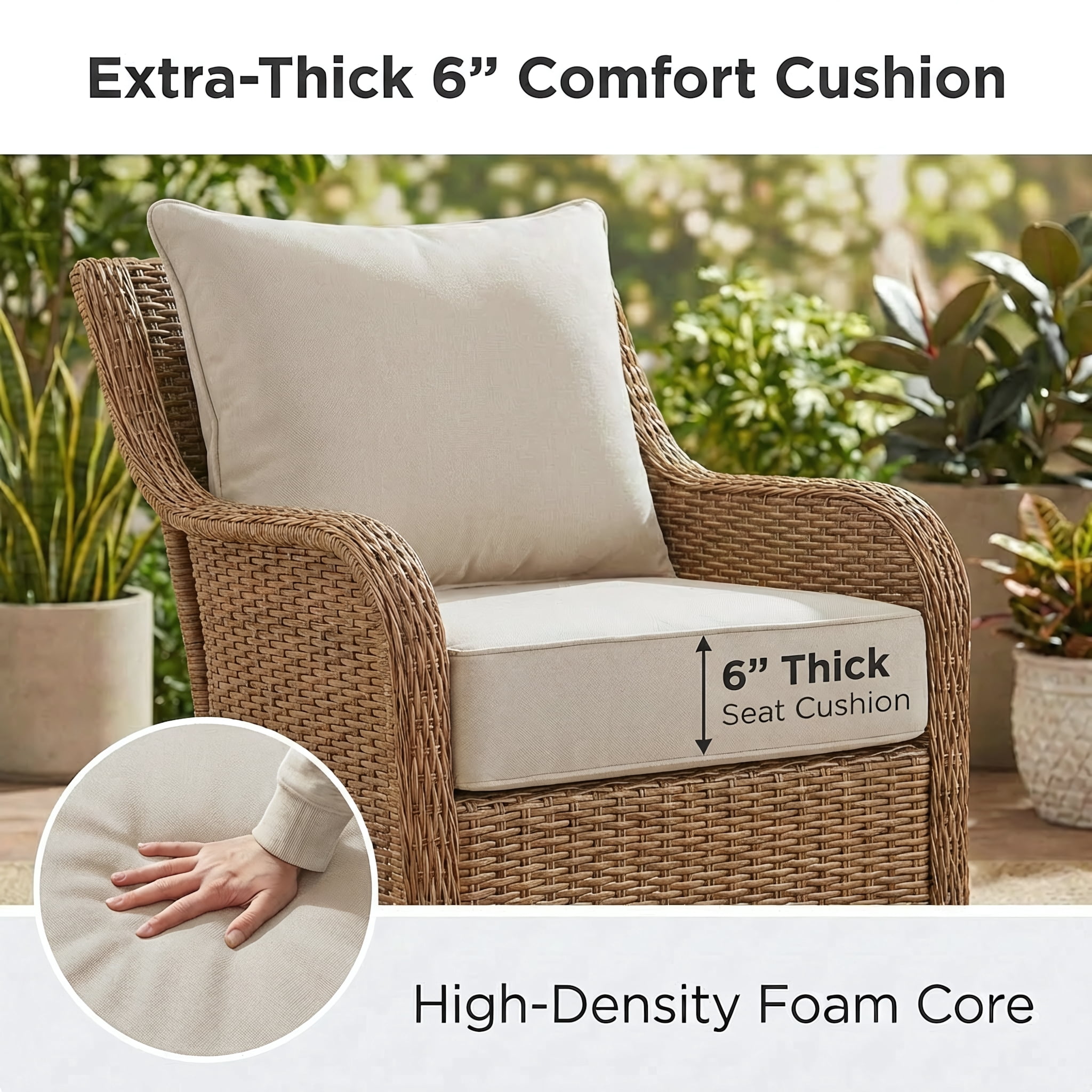 24 x 24 in Outdoor Olefin Patio Cushion Set with Back Pillow, 6 in Thick, Water- and Fade-Resistant, Beige