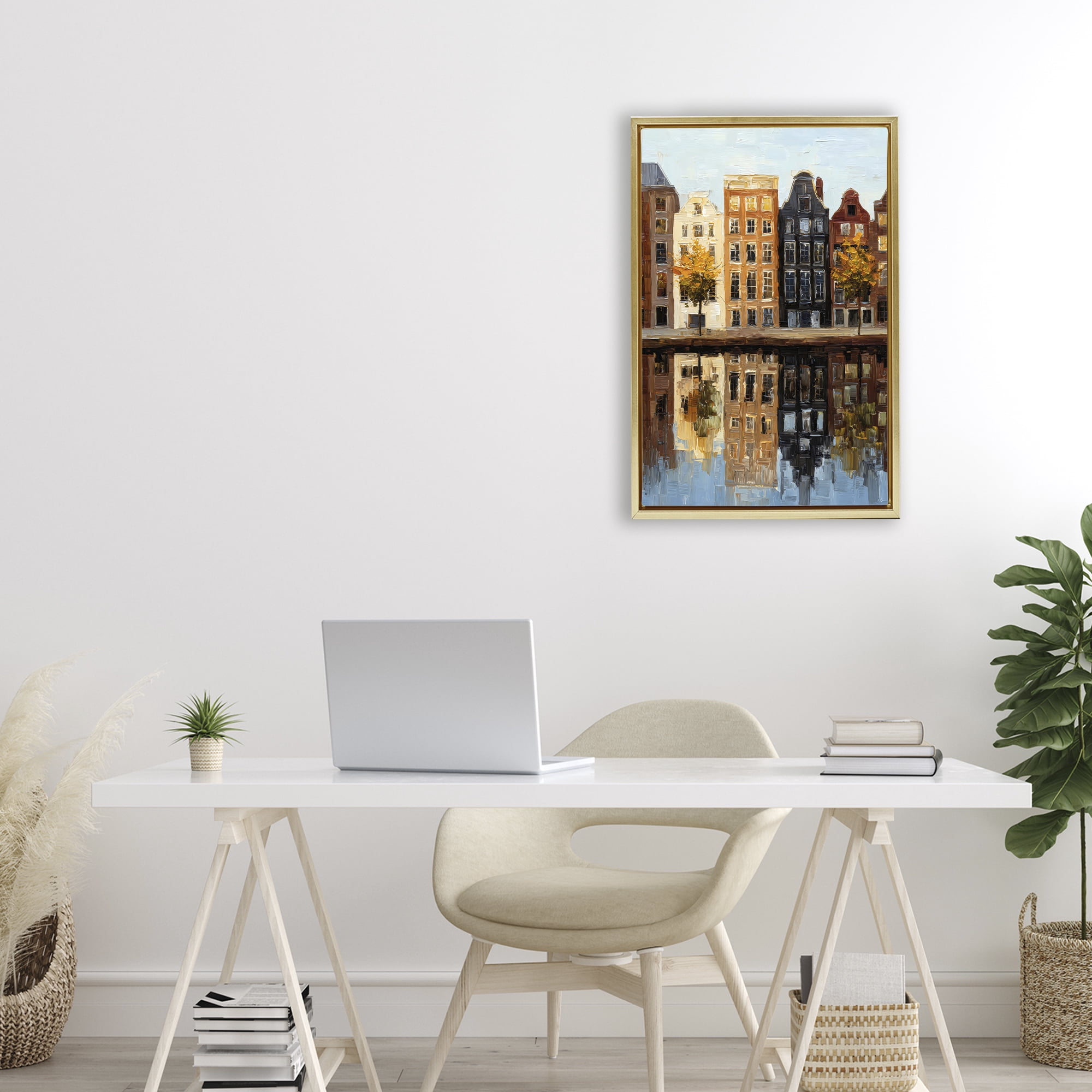 Stupell Industries City Reflection over Canal Gold Framed Floater Canvas Wall Art, design by Petal Prints Design