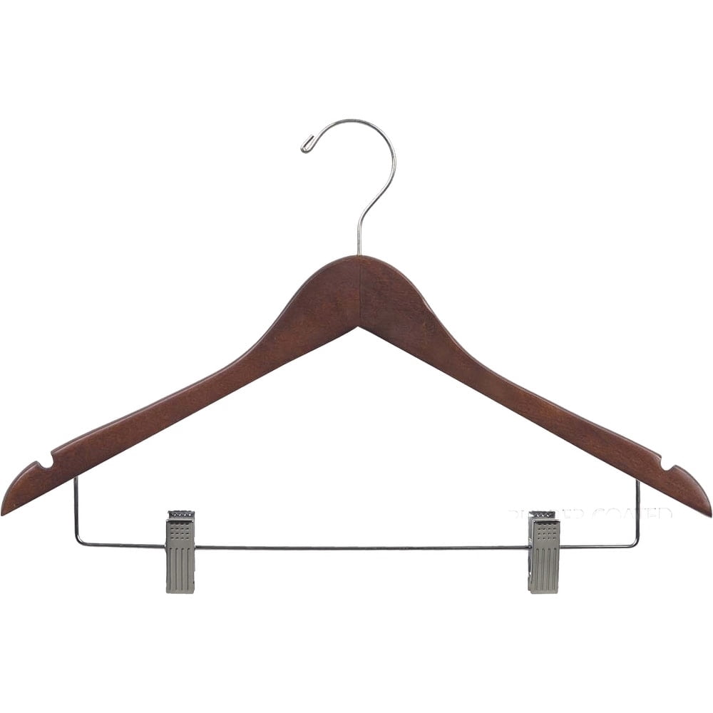 INTERNATIONAL HANGER Rubber Coated Non-Slip Walnut Wood Combo Hanger for Tops or Pants, 25 Pack