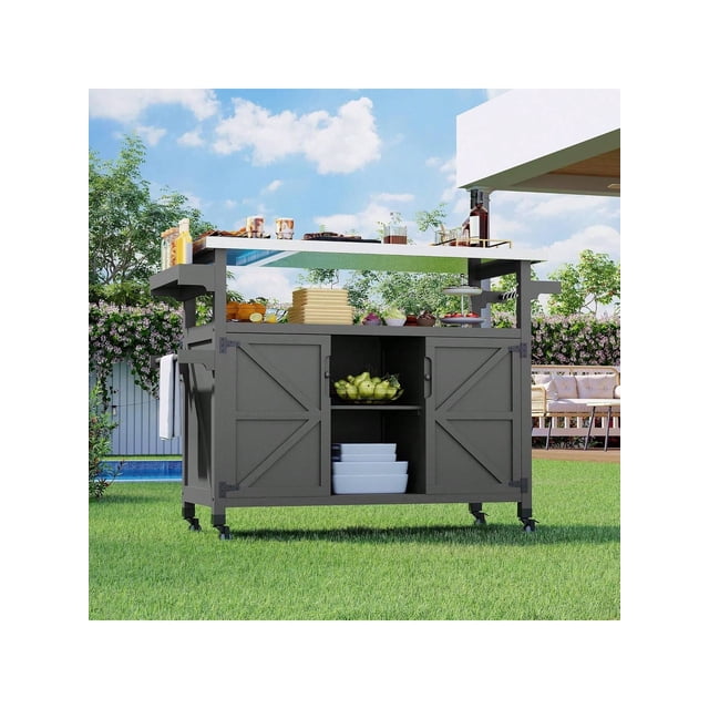 Bingirl Home Outdoor Grill Cart With Storage Cabinet Metal Kitchen Island Prep Table With Movable Universal Wheels And Stainless Steel Top Spice Rack Towel Rack and Lockable Wheels For BBQ Backyard