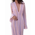 thumbnail image 3 of Womens Crochet Bell Long Sleeve V Neck Loose Maxi Dress Boho Eyelet Long Sundresses with Slit Pink M, 3 of 10