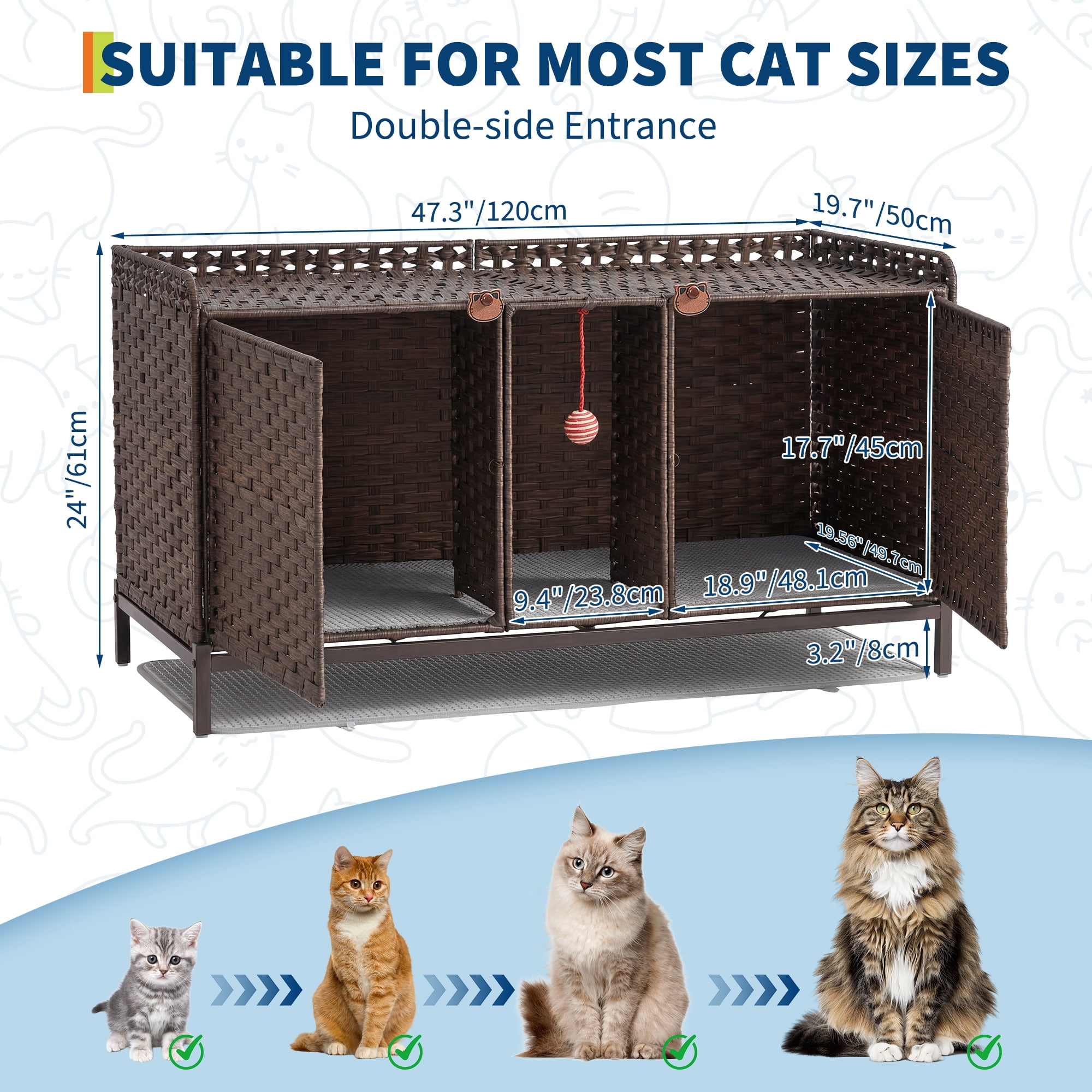 Rattan Double Cat Litter Box Enclosure - Hidden Cabinet for 2 Cats with Removable Mat, Play Game & S-Shaped Hooks - Large Decorative Cat Washroom Furniture for Living Room or Bedroom - Brown
