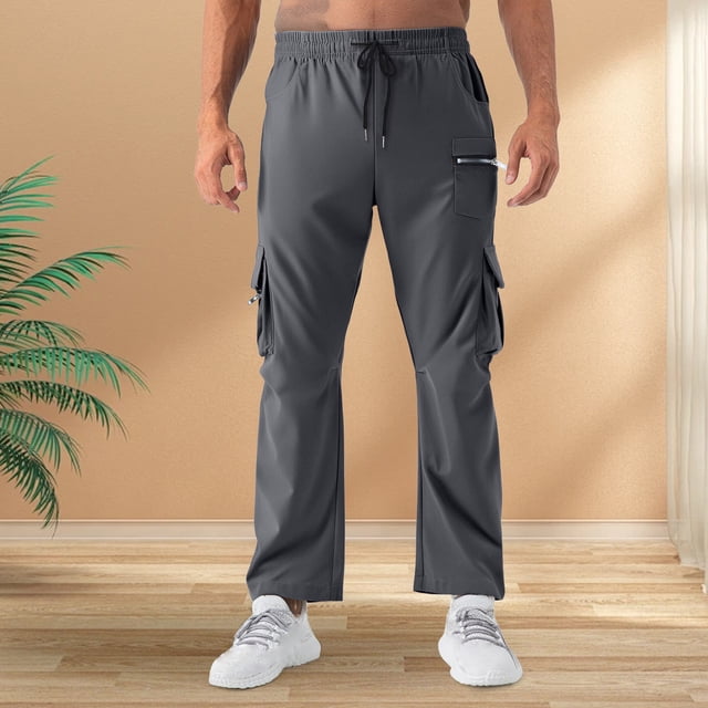Pantalones largos para hombre, casuales, de moda, de color sólido, con cordón, cintura elástica, bolsillo con cremallera, pantalones para hombre