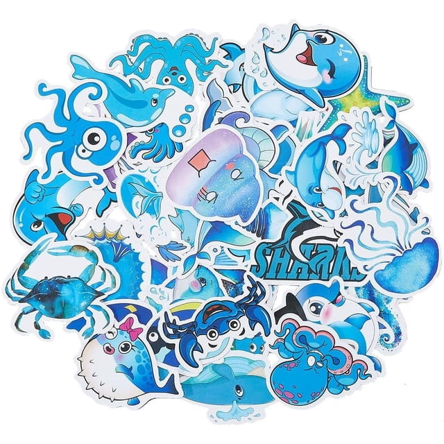 98 pegatinas de animales del océano, tiburón, tortuga, medusa, pulpo, ballena, estrella de mar, vinilo impermeable, calcomanías de dibujos animados multicolor