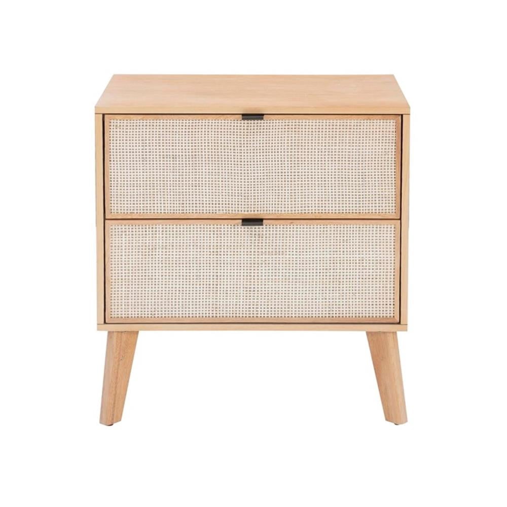 Linon Winnie Rubberwood Nightstand 2 Drawers Cane Front Panels in Natural Finish
