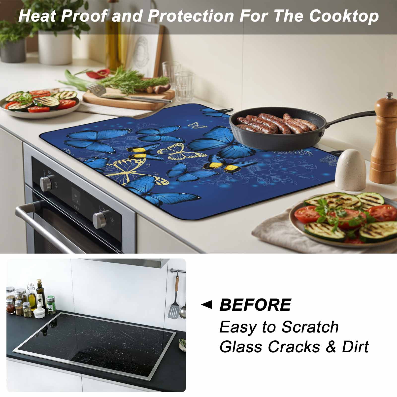 Blue Butterfly Stove Top Cover for Electric Stove, Heat-proof & Non Slip Glass Top Stove Cover Protector, Farmhouse Modern Nature Animals Art Kitchen Flat Cooktop Rubber Mat 24x21 Inches