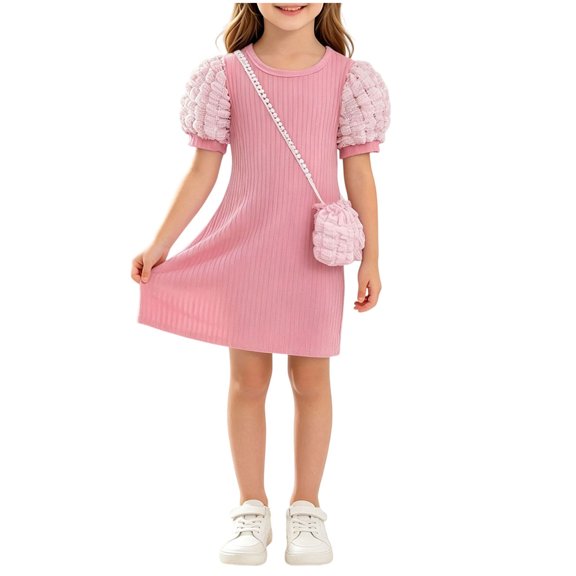 Fesfesfes Girls Short Puff Sleeve Ribbed Knit Dress with Matching Mini Crossbody Bag Round Neck A-Line Casual Summer Spring Outfit Ages 3-9 Years