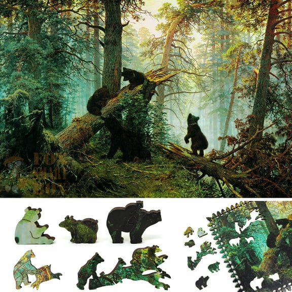 Wooden Jigsaw Puzzles for Adults with Uniquely Shaped Pieces - made in USA by FoxSmartBox - 390 Pieces - Morning in a Pine Forest