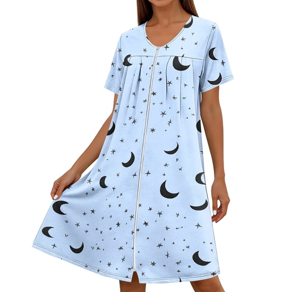 Women Zip Up Robe Short Bathrobe Lightweight House Coats Trendy Print House Dress Pockets Nightgown