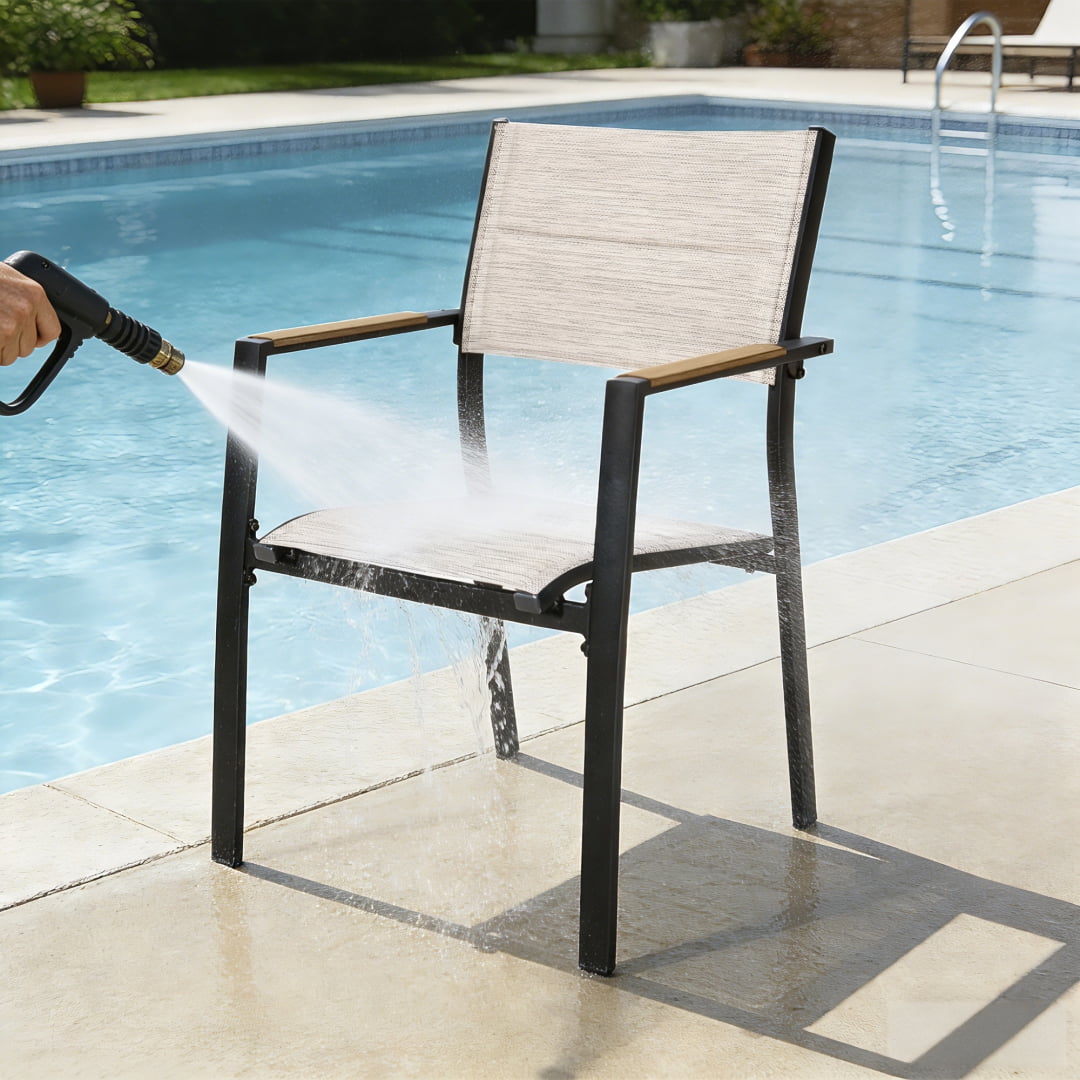 2-Piece Outdoor Patio Dining Chairs, Large Aluminum Frame Stackable Armchairs (Weight Capacity 275 lbs), Teak