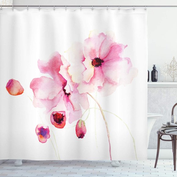 HTOOQ Watercolor Flower Shower Curtain, Poppies in Soft Colors Dreamy Fresh Spring Season Inspired Image, Cloth Fabric HTOOQ Decor Set with Hooks, 84" Long Extra, Pink White