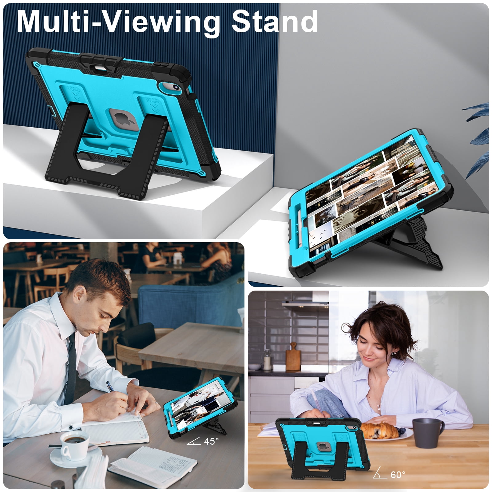 ELEHOLD 3-Layer Rugged Case For Apple iPad Air 13‑inch (M4) 2026, Heavy Duty Shockproof Logo Visible Foldable Kickstand Drop Protection Cover with Pencil Holder + Shoulder Strap, Black+Blue