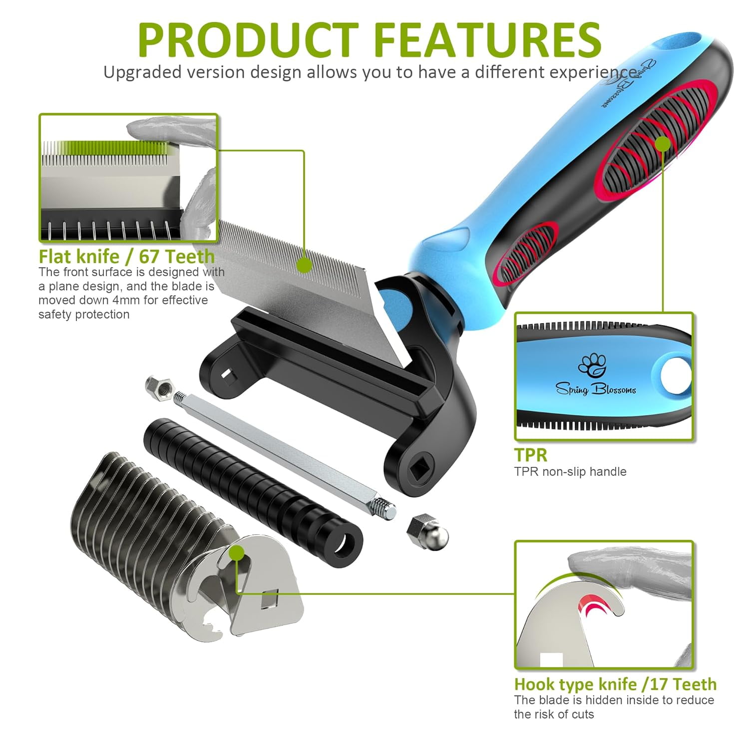 Spring Blossoms 2 in 1 Professional Grooming Rake for Cats & Dogs-Dematting Comb for Easy Mats & Tangles Removing,Hair Removal Cleaner for Pets(Blue)