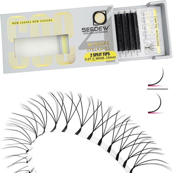 shiyou-SEEDEW 4D-Double Tips Lash Extensions, 0.07mm C Curl MIX8-15mm 12 Rows/Tray, W Shape 4DD Flat Stem, PBT Volume Eyelashes for Beginner Artist, Lash Tech, Beauty Salon(4DD-Matte Black-0.07-C-MIX