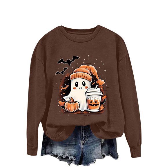LYEAA Halloween Cute Sweatshirts Long Sleeve Crew Neck Regular Ribbed Cuff Casual Wear Ghost Holiday Clothes Brown 2XL